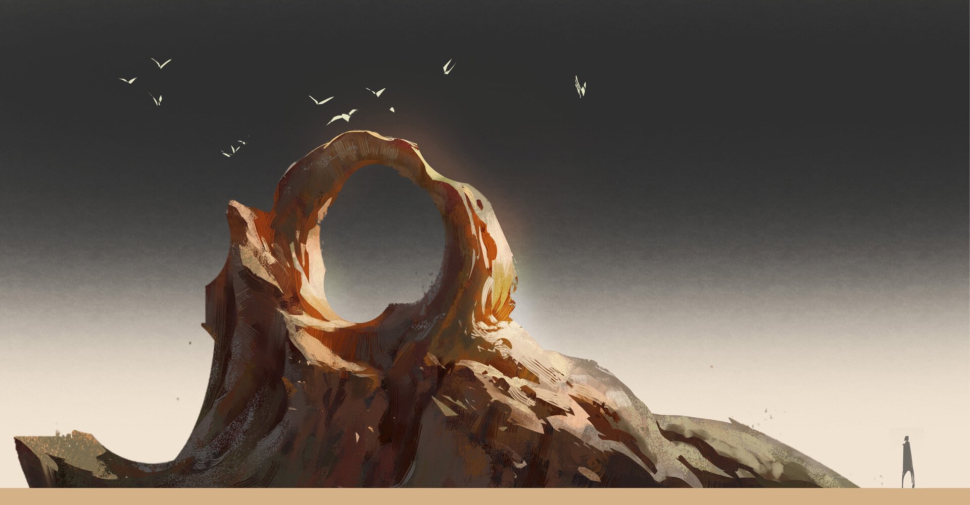 the image shows a large rock formation in the desert with a large hole in the center. the lighting suggests it's sunset with the sun behind the formation. the overall image has a soft and warm feel.  a small human figure stands in the right corner.
