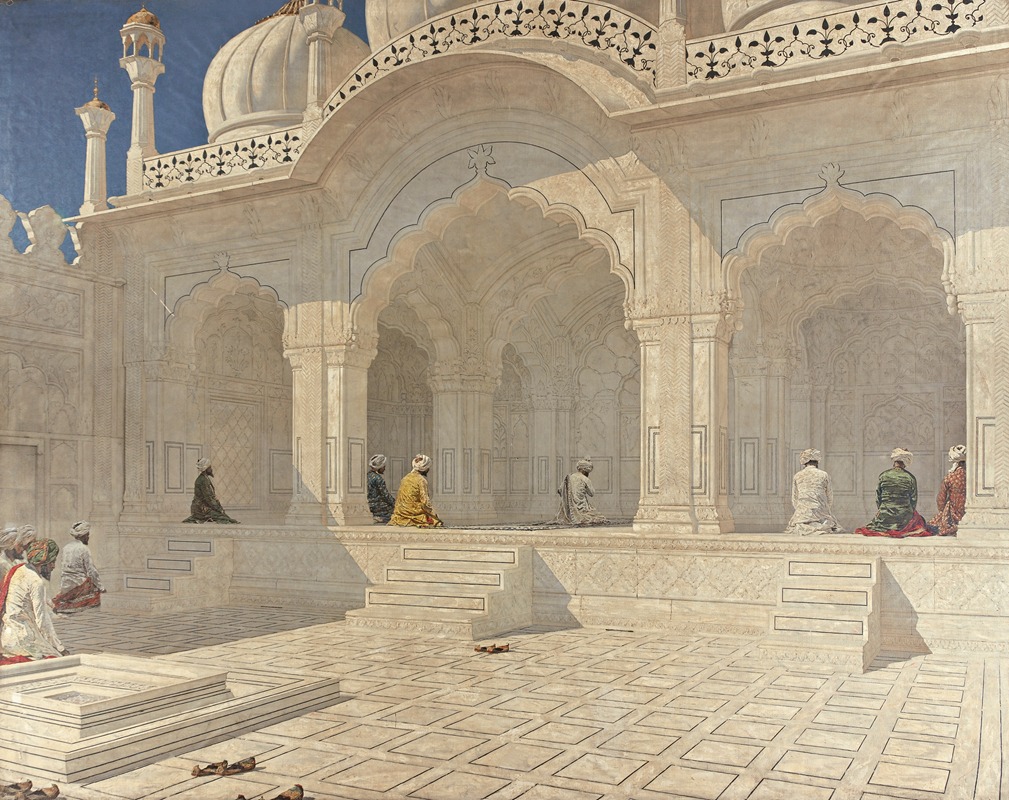 the image shows the interior courtyard of a mosque. several men are kneeling on rugs facing away from the viewer, presumably in prayer. the architecture features white marble with ornate arches and columns. a large dome sits atop the building. the ground is paved with rectangular tiles. the scene evokes a sense of serenity and religious devotion.
