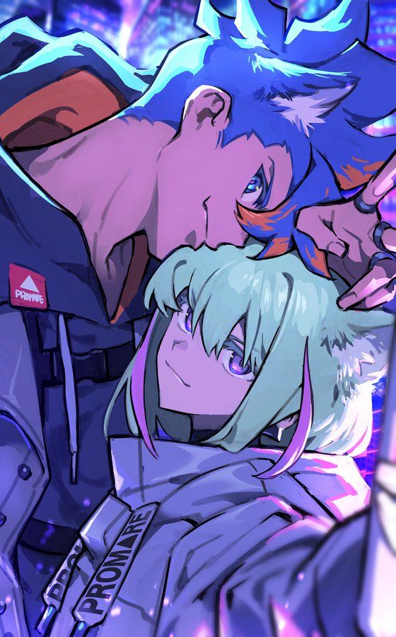 the image is a piece of vibrant digital fanart depicting galo thymos and lio fotia from the anime promare.  the two characters are in a close embrace, their bodies intertwined.  galo, with his spiky blue hair and orange accents, is leaning over lio, whose pale green hair and purple eyes are visible. both are wearing clothing with the "promare" logo visible. the background is a swirling mix of purple and blue, adding to the dramatic and energetic feel of the image. the art style is distinctly animeinspired, with sharp lines, dynamic poses, and highly saturated colors. the overall mood is one of intense affection and connection between the characters.