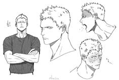 this is a black and white character design sheet, likely for a manga or anime. it features a young man with short, spiky hair, shown in multiple views (front, side, 3/4) and with various expressions (neutral, angry, blushing). he appears athletic with a strong build. the style is typical of manga, with detailed linework and expressive features.