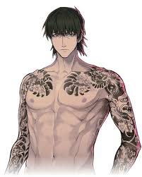 an animestyle illustration of a young male character with short black hair, a serious expression and multiple tattoos. he has a bare torso and is wearing no clothes, but he is not fully nude as his arms are covered in tattoos. the character is positioned facing forward and is looking directly at the viewer.