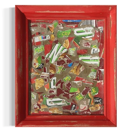 a framed piece of artwork featuring a collage made of paper scraps and packaging pieces. the collage is encased in a red wooden frame. the artwork appears to be a mosaic of different shapes, colors, and textures created by the fragmented paper and packaging.