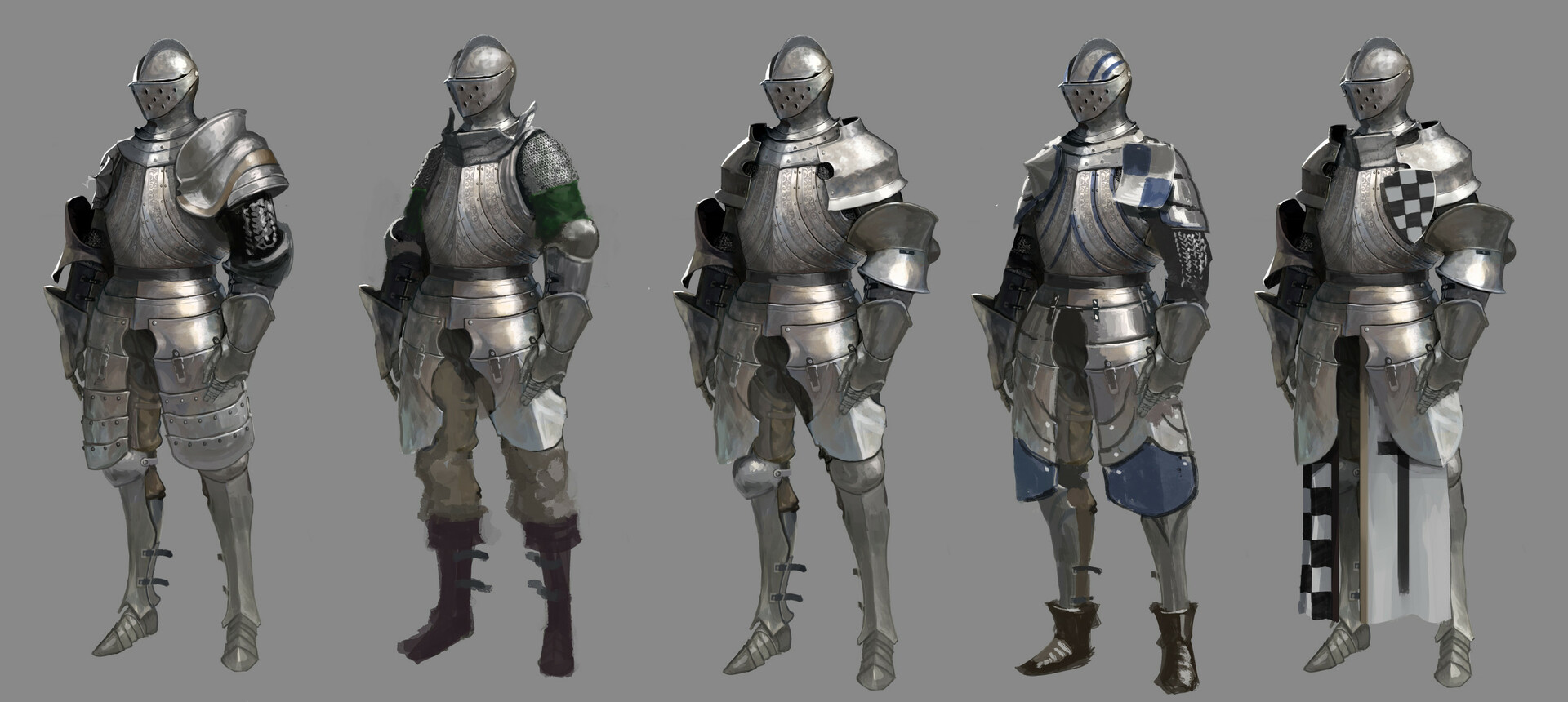 five variations of a knight character design. each variation features a unique color scheme and slight alterations to the armor and clothing. the knights are shown in a standing pose against a gray background.