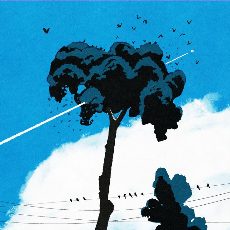 the image shows a stylized depiction of a tall tree against a bright blue sky. the tree is painted in dark blue, almost black, creating a silhouette effect. several birds are flying around the tree, while others are perched on power lines that stretch across the lower part of the image. a white contrail from an airplane cuts across the sky, adding a sense of movement and depth. the overall composition is simple yet evocative, with the contrasting colors and minimalist style creating a sense of peace and tranquility.