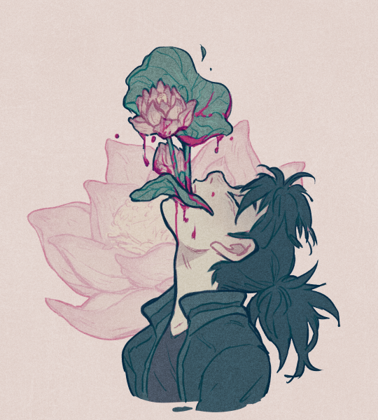 a stylized illustration of a young man with dark hair and a black jacket.  his head is tilted back and a lotus flower with green leaves and pink petals is coming out of his mouth, dripping blood. there is a faint image of a larger lotus behind him. the colors are muted pinks, greens, and grays.