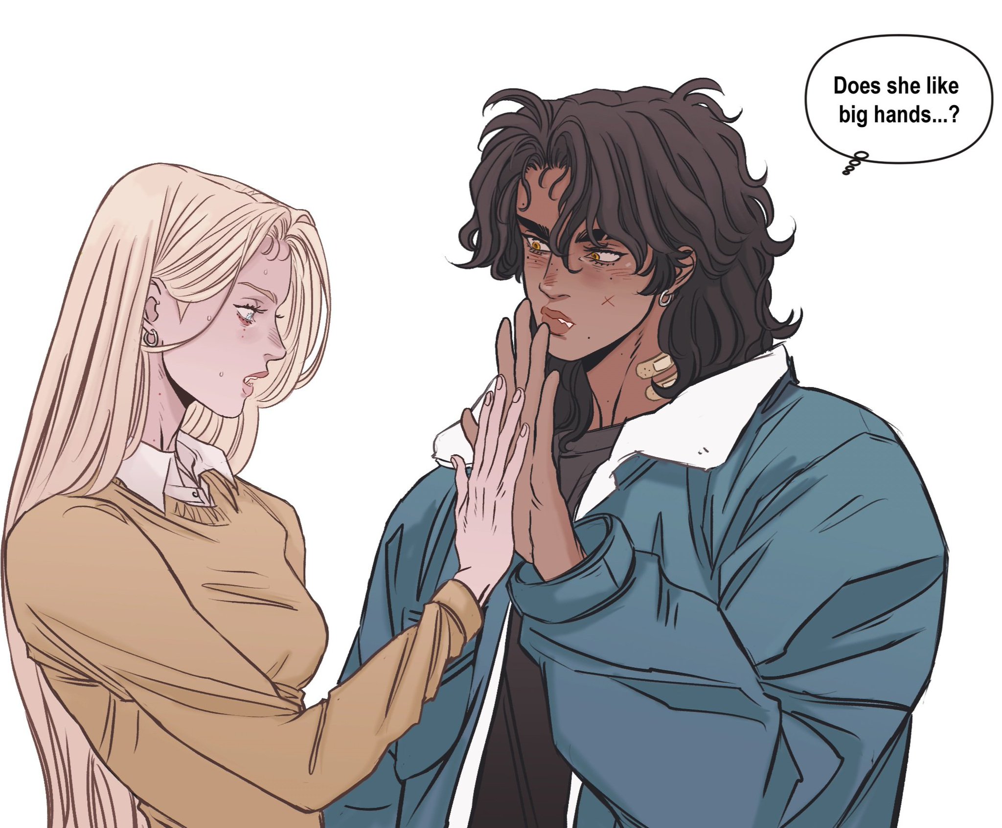 a comic panel depicts a blonde woman and a darkhaired man with their hands touching. the woman is wearing a yellow sweater over a white collared shirt and appears flustered, with a slight blush. the man, dressed in a blue jacket with a white collar, is looking at her with a hand to his lip and a thought bubble that says "does she like big hands...?"