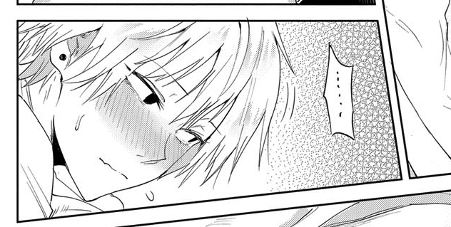 he image is a closeup panel from a manga or anime. it shows a boy's face, slightly tilted, with a blush on his cheeks. his expression is soft and suggestive of shyness or embarrassment. his hair partially obscures his eyes. a speech bubble with dots is present in the panel, suggesting dialogue or inner thoughts. the art style is characteristic of manga, with clean lines and shading through stippling. the overall mood is intimate and tender.