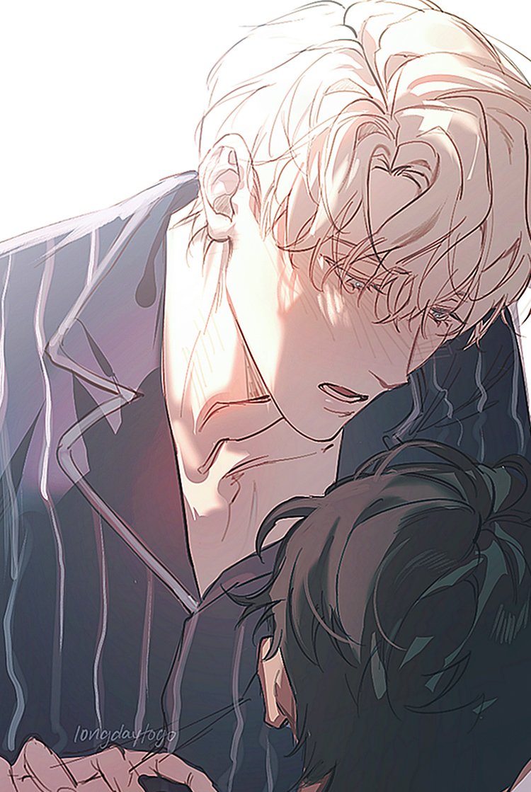 the image is a digital drawing or fanart in an anime/manga style depicting a tender moment between two young men. one has blond hair and is wearing pinstripe pajamas; he appears to be leaning down, possibly comforting or consoling the other. the second man has dark hair, and only the top of his head and shoulders are visible.  the overall mood is intimate, soft, and emotionally charged. the style is quite soft and the colors are muted, lending a sense of serenity to the scene. the lighting suggests a warm, possibly early morning or late evening setting.  the artist's signature or watermark, "longdayfog", is subtly placed near the bottom.