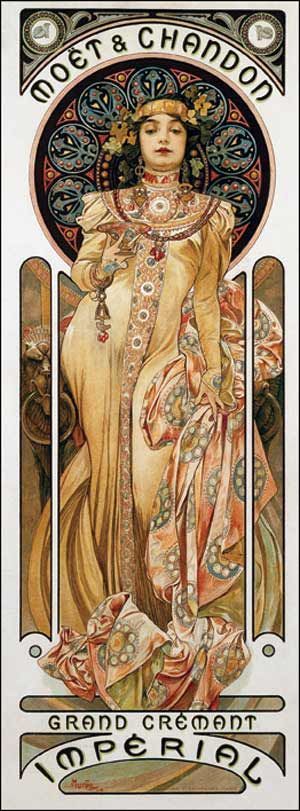 this is a vintage art nouveau poster advertising moët & chandon grand crémant impérial champagne. it features an elegant woman wearing a flowing gold dress and a floral headdress. she holds a glass or pendant. the background includes ornate, circular patterns and floral motifs typical of art nouveau style. the words "moët & chandon" appear at the top and "grand crémant impérial" at the bottom. the poster is designed in the characteristic style of alphonse mucha, known for its flowing lines, ornamental details, and the idealized depiction of women.