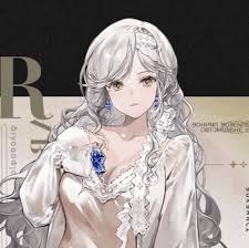 the image features a digitally created portrait of an animestyle female character. she has long, flowing grey hair with a lace accessory in her hair. she's wearing a white dress with lace trim around the neckline and sleeves. she is also wearing blue jewel earrings, and a matching jewel hangs from her dress. the background is dark, and there is some stylized text in the upper left and right of the image. her skin is fair, and she has light brown eyes. her gaze is slightly off to the side, and her expression is neutral.