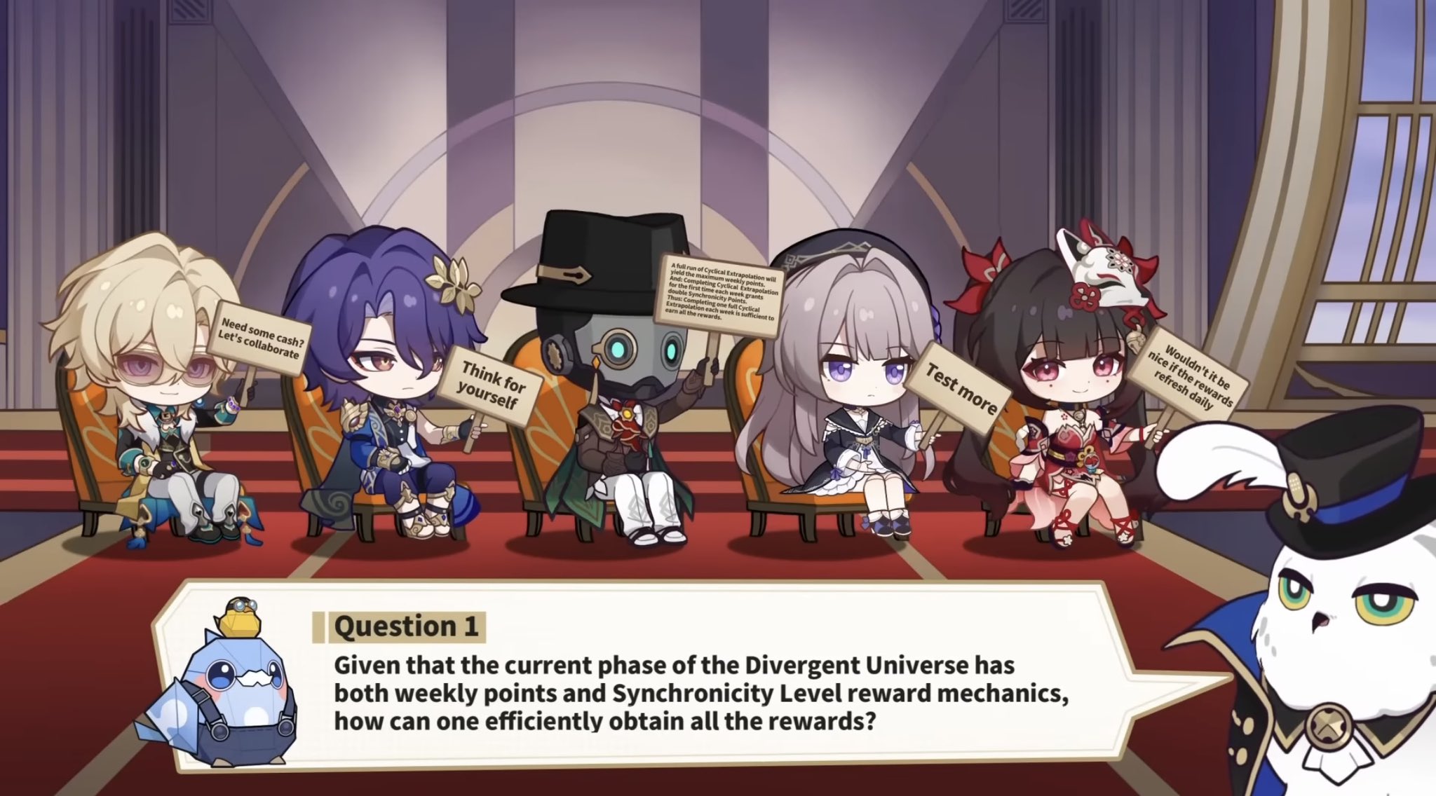 the image shows a group of genshin impact characters sitting on chairs, each holding a sign with a different opinion on how to obtain rewards in the divergent universe. the text above the characters explains that there are both weekly points and synchronicity level rewards. the question below asks how to efficiently obtain all of the rewards.