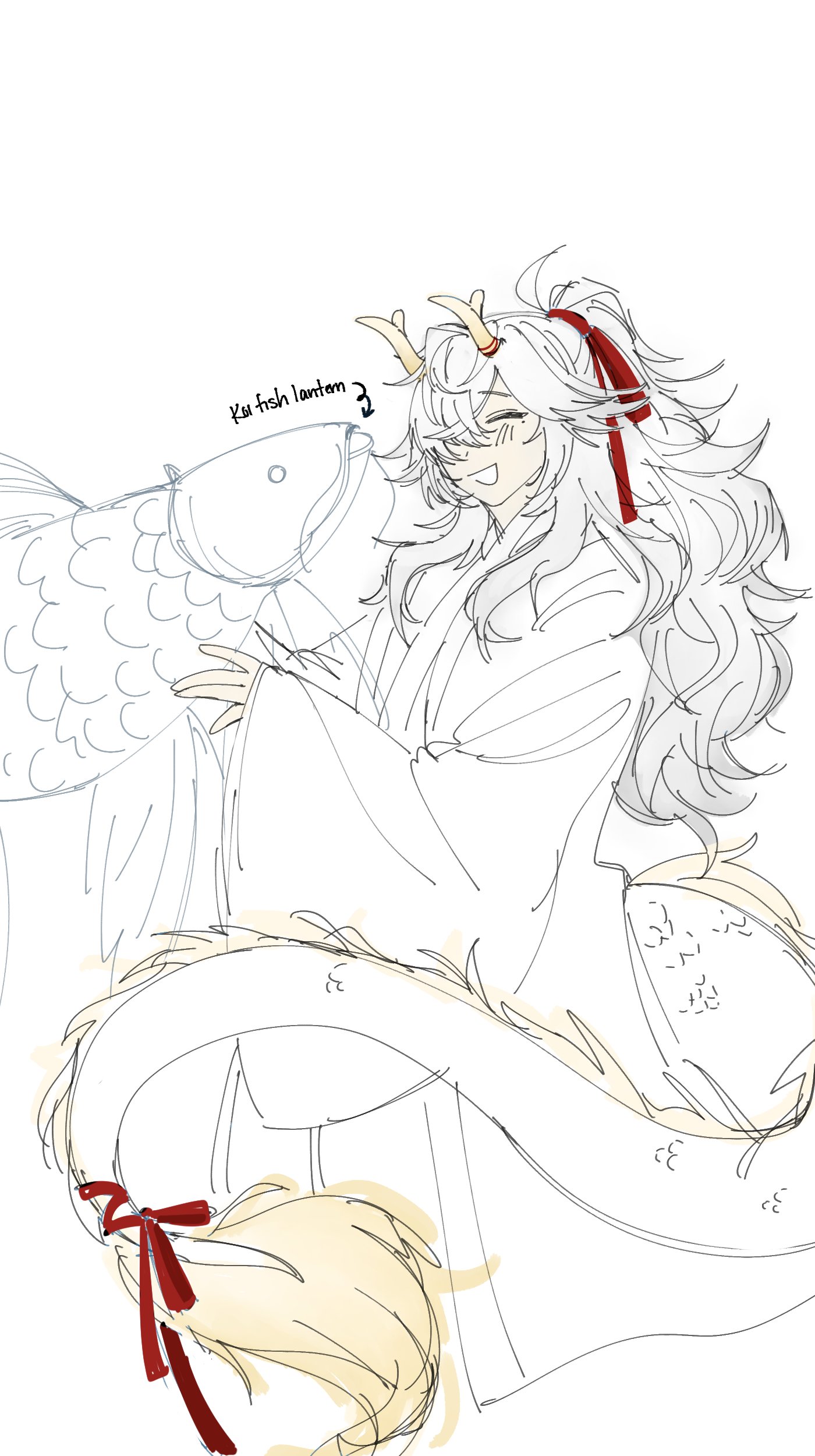 an anime girl with white hair and red ribbon is holding a fish. she is wearing a white outfit and has a long white tail. the girl is smiling and has a gentle expression.
