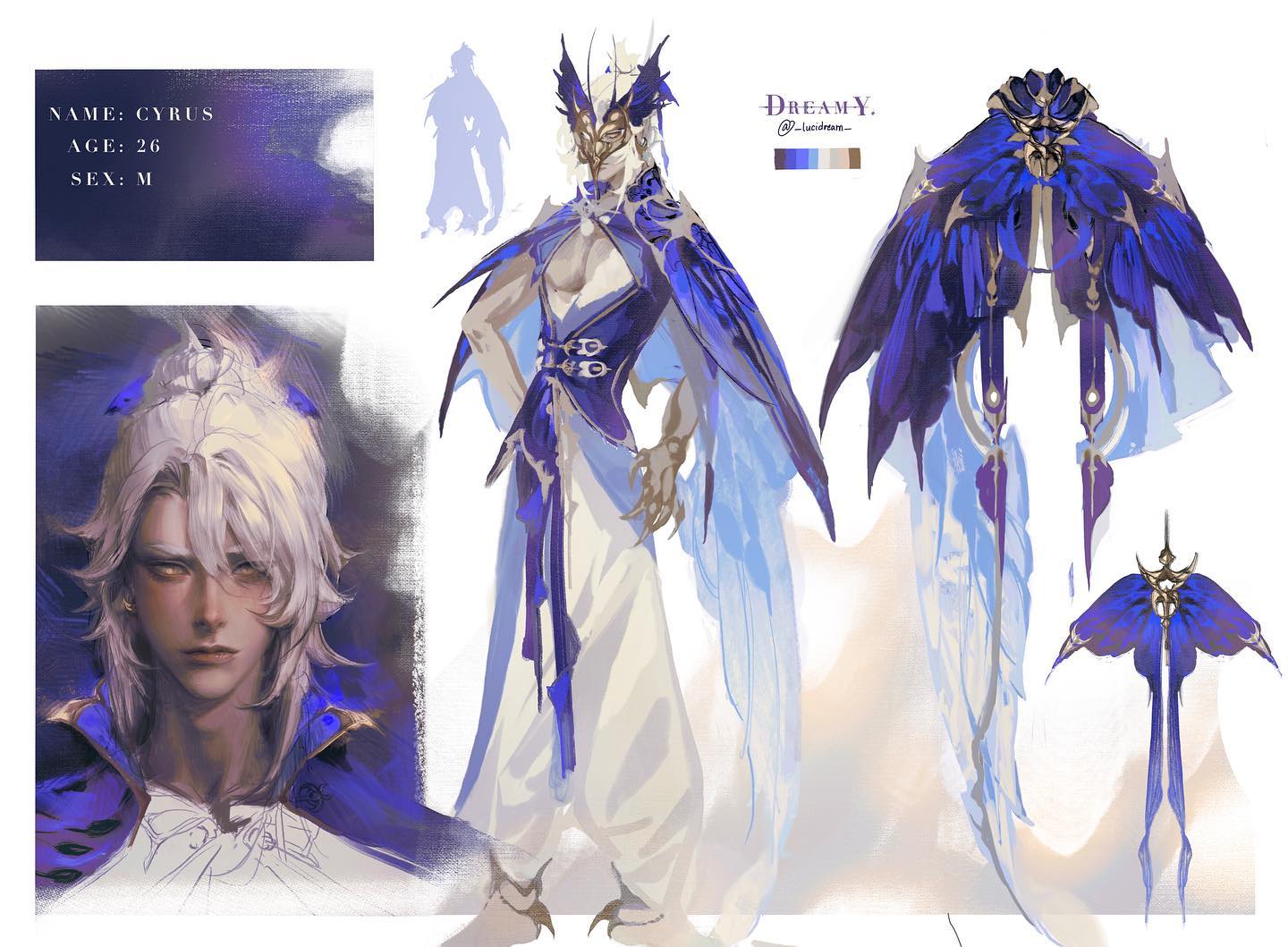 this image is a digital illustration of a male character concept design. the character is a young man with white hair and pale skin. he is dressed in elegant, flowing blue and white robes. the illustration shows the character from multiple angles and includes closeups of his clothing and accessories.