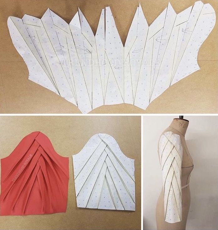 the image displays the process of creating a pleated sleeve for a garment. the first section shows a paper pattern laid out, consisting of multiple angled pieces with markings and dotted lines indicating pleats. below this are two completed sleeves, one in red fabric and the other in white fabric, showcasing the pleated design. the final image shows the white fabric sleeve fitted on a mannequin's arm, demonstrating how the pleats create a textured, threedimensional effect. the image illustrates a complex design process involving pattern making, fabric manipulation, and garment construction.