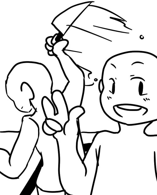 this is a black and white drawing of two cartoon characters. the character on the left is holding a large umbrella. the character on the right is waving their hand, and has a big smile on their face.