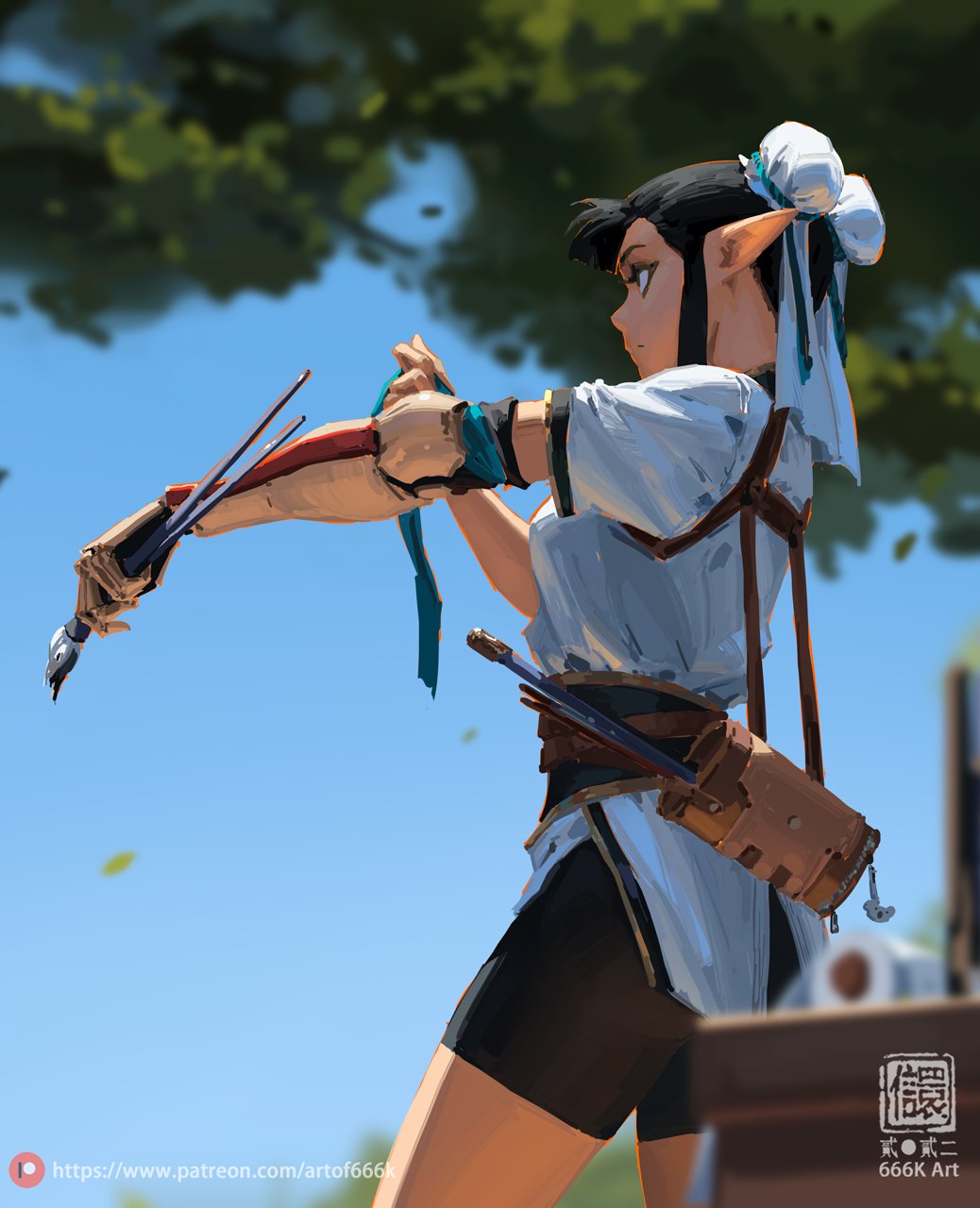 the digital painting shows a female elflike character with a prosthetic arm, adjusting a brush while standing outdoors under a bright blue sky and the shade of trees.  she's wearing a light blue, loosefitting top and dark shorts. she carries a quiver and a leather shoulder bag.  the artist's patreon information is subtly included in the bottomleft corner.  the style is animeinspired, with painterly brushstrokes and a focus on light and shadow. the overall mood is serene and slightly mysterious.  an artist's mark is visible in the bottom right.