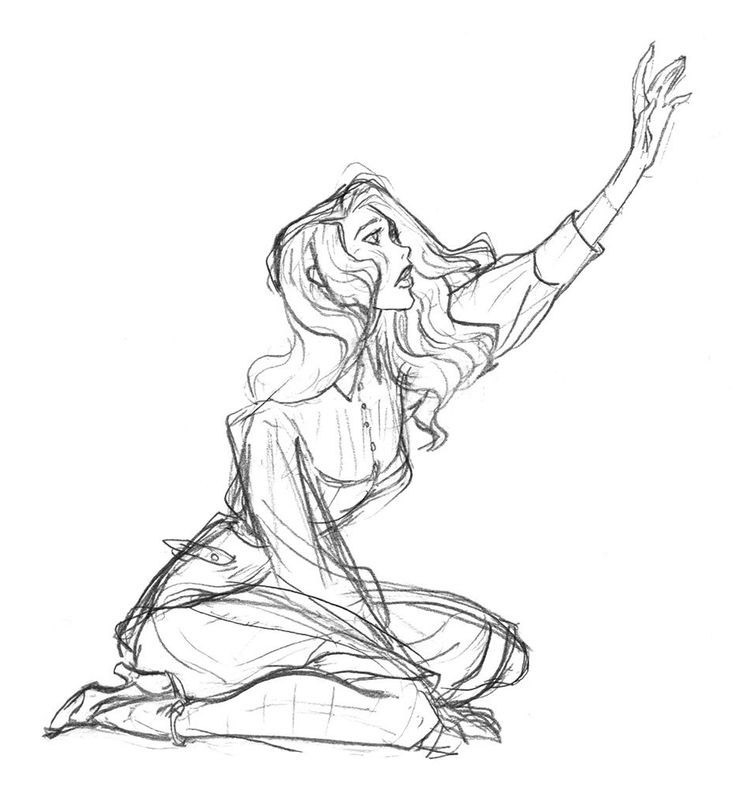 a pencil sketch of a woman kneeling with her arm reaching up. her long hair is flowing behind her as she looks up with a worried expression. she is wearing a longsleeved dress or shirt. the drawing is in black and white.
