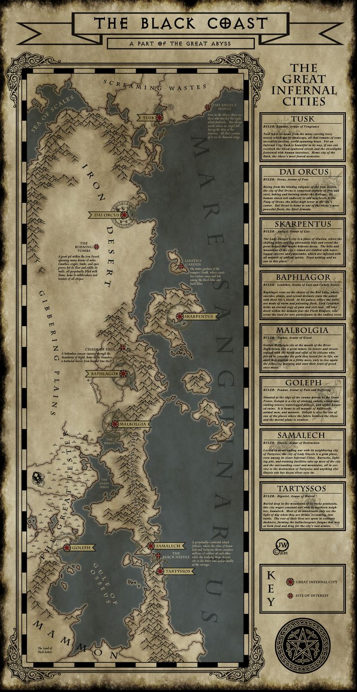 the image is a hand drawn fantasy map. the map is of the black coast, a fictional region that is part of the great abyss. the map is centered on a large body of water known as mare san ginarius. there are several islands in the water, and the map is decorated with various details including rivers, mountains, and forests. the map includes a key explaining the different symbols used on the map. the key has information about the "great infernal cities," which are indicated on the map and are listed on the right side.  a symbol of a pentagram is at the bottom of the map. the map is surrounded by a border that is decorated with various symbols and designs.