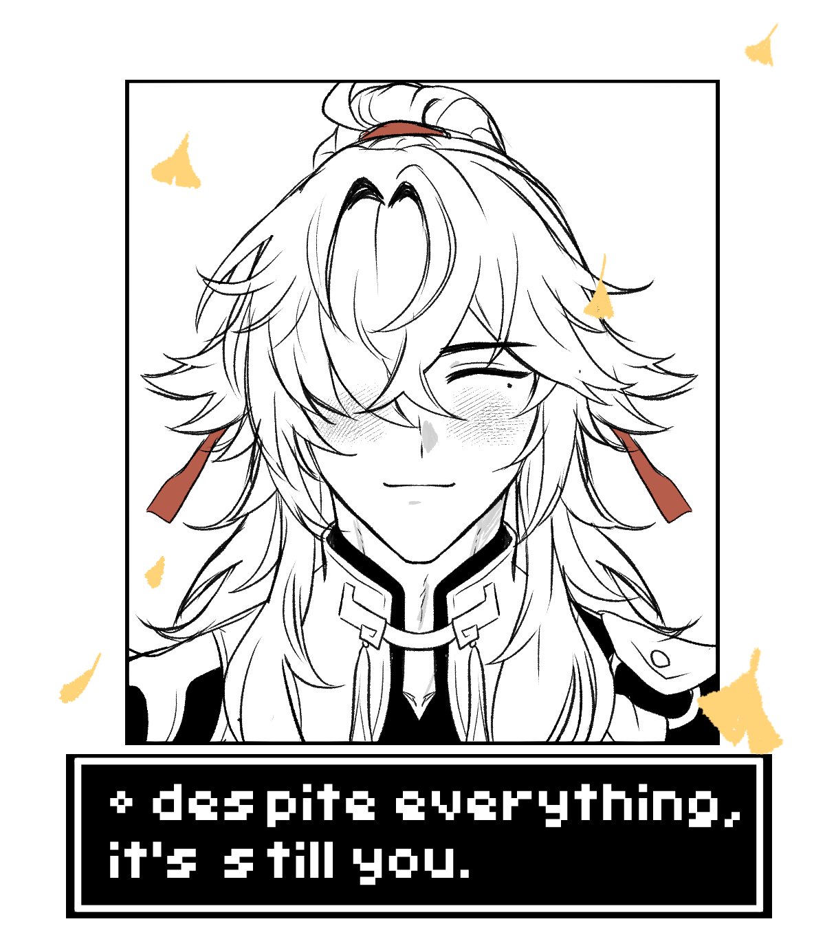 a close up of an anime boy with white hair and red ribbons in his hair. he has a soft expression on his face and his eyes are closed. he is blushing and smiling. the text "despite everything, it's still you" is written in a black and white font below the image.  the background is white with yellow flowers.