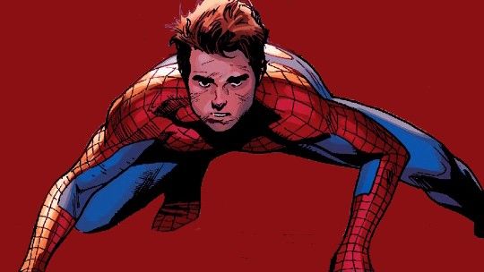 this is an illustration of spiderman. he is crouching, looking up with a webbed suit and red and blue mask. he's on a red background with a blue and red suit. the background is red.