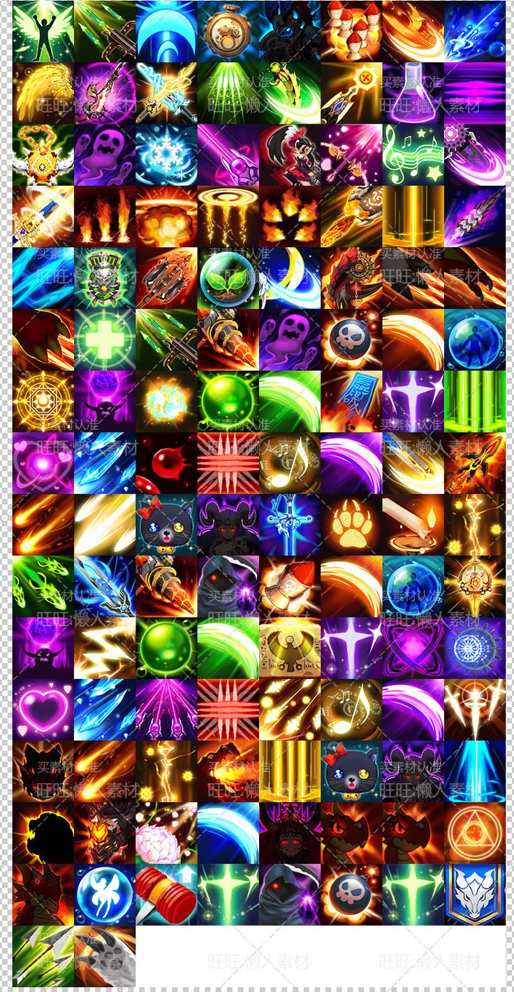this image contains a grid of 100 colorful icons representing various ingame skills or abilities. these icons feature diverse themes, including magic, fantasy, and combat elements. the icons are designed with vibrant colors, visual effects like glowing lights, and intricate details. they are likely part of a mobile game interface, representing different skills players can use ingame.