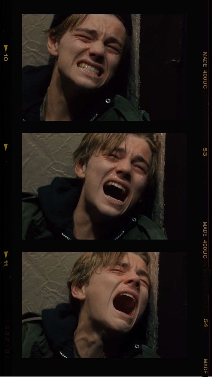 three film stills featuring leonardo dicaprio as jack dawson from the movie titanic. the shots are closeups of his face as he cries dramatically. the images have been cropped to show just his face and shoulders. the images are set in a film strip format.