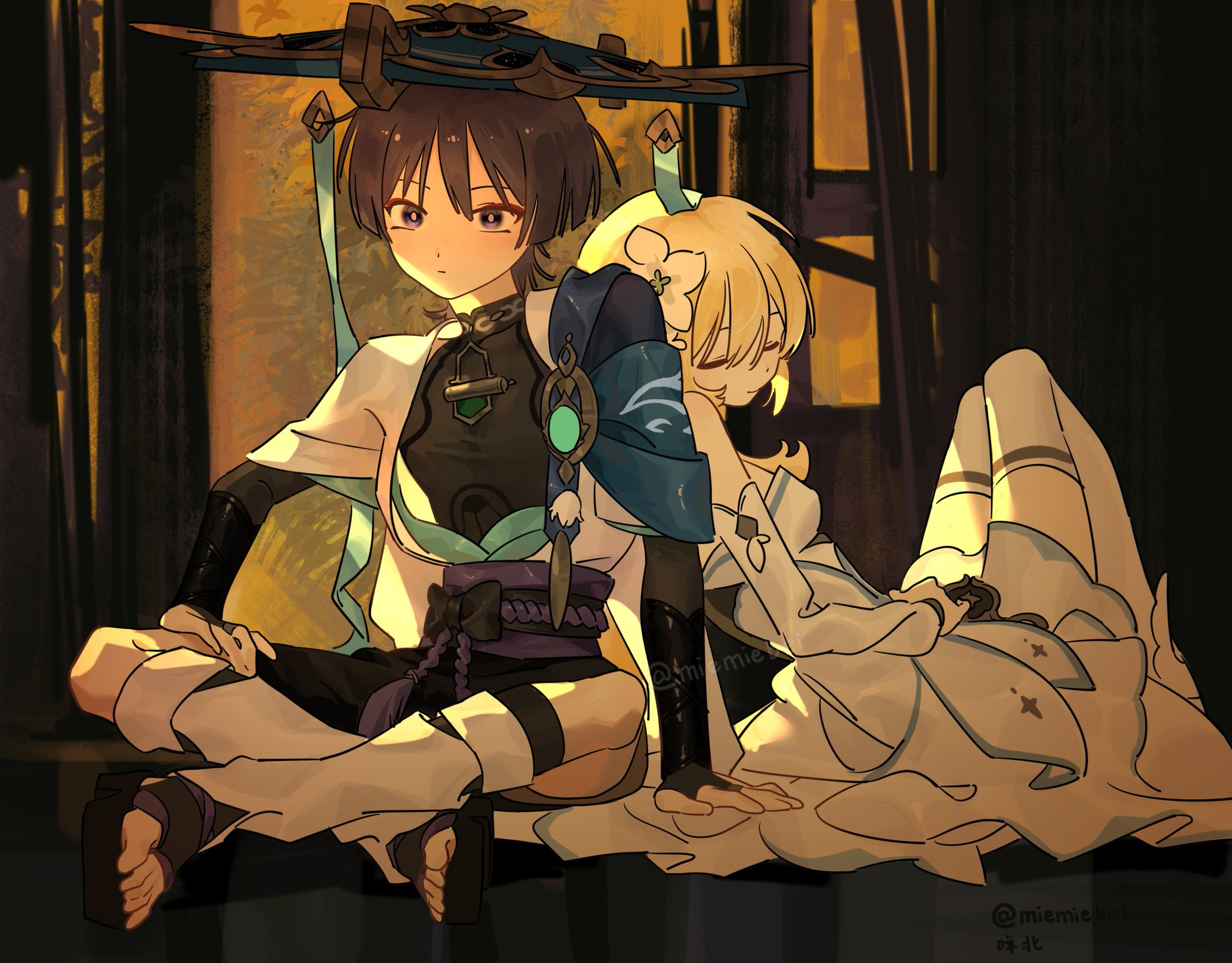 the image is an anime illustration of two girls. one with black hair and green eyes, the other with yellow hair and blue eyes. the girl with black hair is wearing a white robe with black accents, and a sword. she is sitting with her legs crossed. the other girl is lying down, seemingly asleep, wearing a white dress. her legs are extended and her head is resting on the other girl's lap. the setting is a wooden room with a window. the image is bright and colorful, with a focus on the two girls.