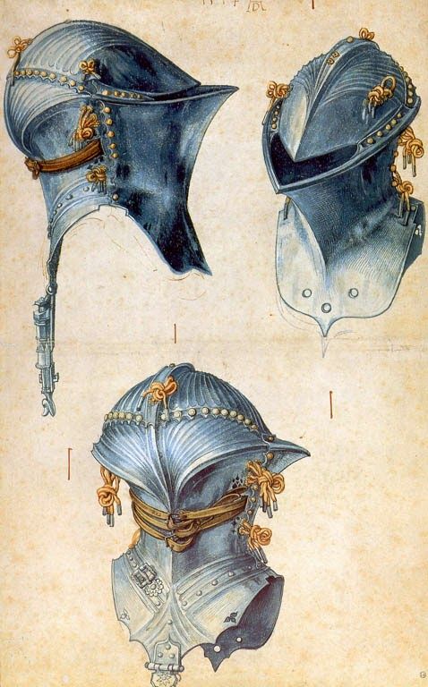 a detailed watercolor sketch on tan paper of three views of a 16thcentury german helmet. the top left view shows the right side, the top right shows a front view, and the bottom view shows the back.  the helmet is steel blue with gold accents and decorative knots of yellow and pink ribbon.