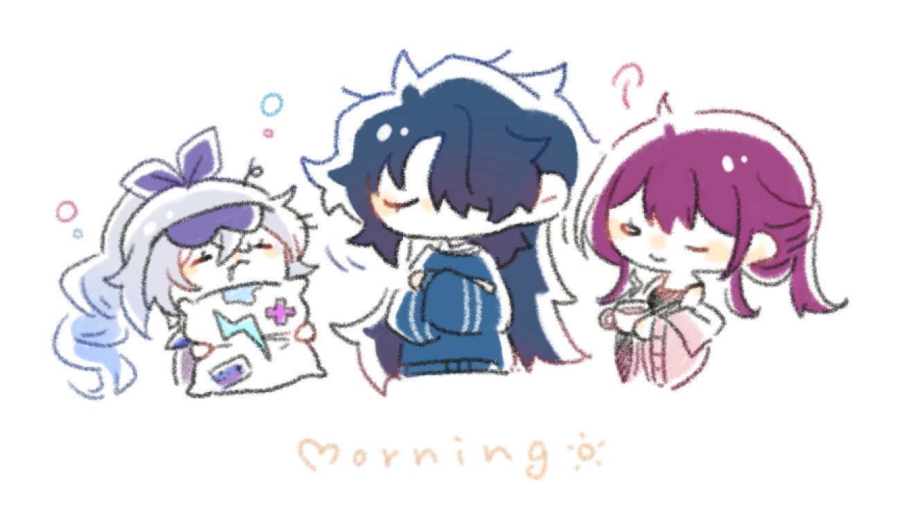this is a cute cartoon illustration featuring three anime characters drawn in a chibi style. the illustration features a girl with long purple hair drinking tea in a pink dress, a boy with long black hair wearing a blue sweater and a girl with long white hair wearing a blue shirt sleeping with a pillow. the drawing has a lighthearted and cute feeling. the background is white with a few random circles and a sun symbol at the bottom of the page. at the bottom of the image is "morning" written in a cute, handwritten style.