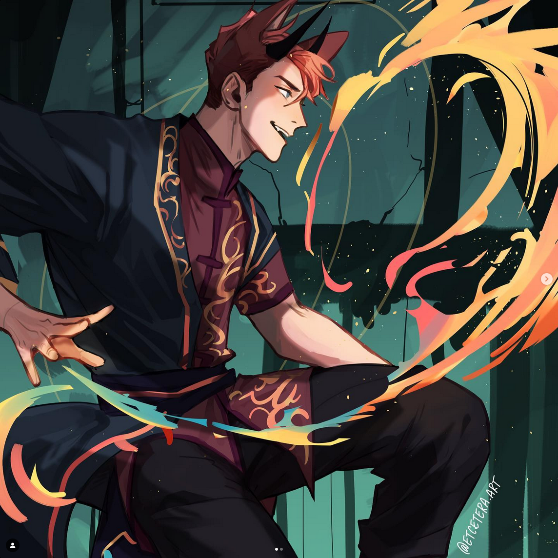 the image shows a young man with fox ears and fiery hair, suggesting he's a kitsune or a similar mythical being. he's wearing a stylized, dark blue chineseinspired outfit with intricate gold designs. the most striking feature is the dynamic pose and the swirl of colorful, fiery energy emanating from his hand, emphasizing his magical abilities.  the background is dark and somewhat abstract, hinting at an indoor setting.