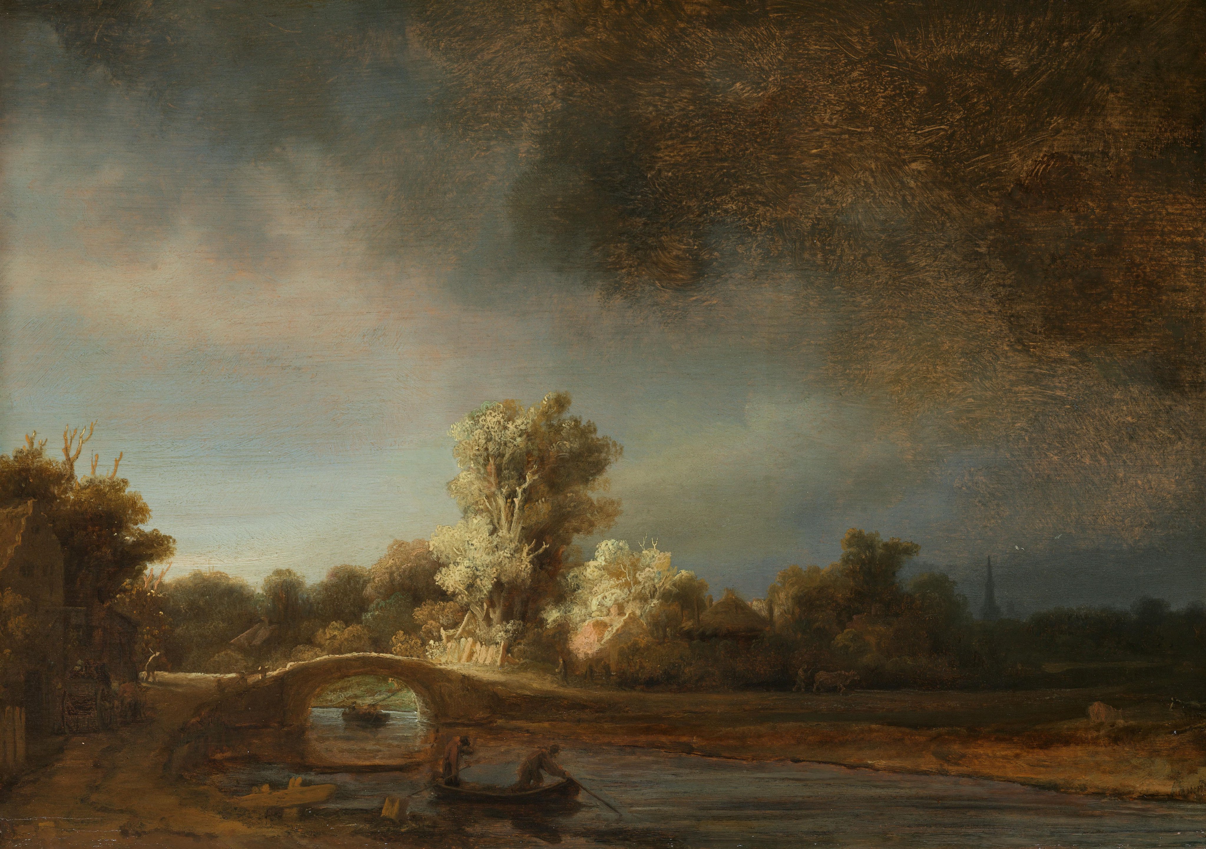 a painting in the style of rembrandt depicts a landscape with a river flowing under a stone bridge. several small figures are in a boat on the river, while other figures are on the banks. buildings and trees line the riverbanks. the sky is overcast with dark clouds, suggesting a storm.