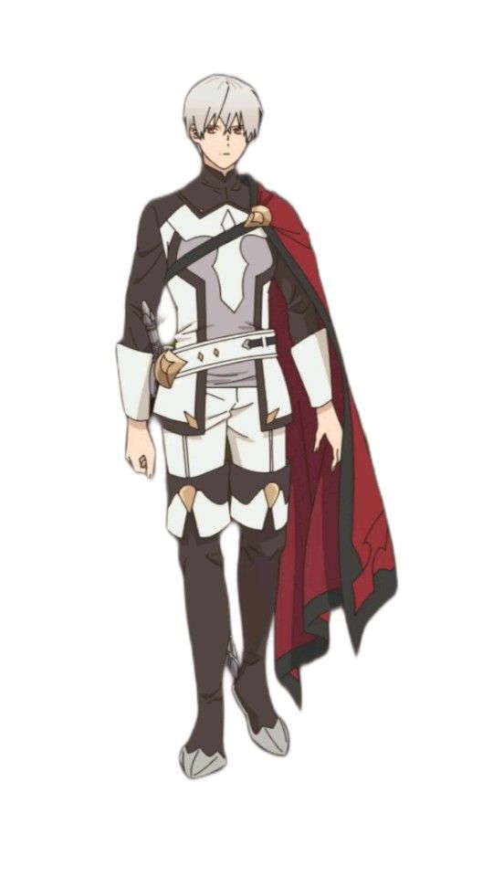 this is an illustration of a male anime character. he has white hair, wears a red cape, white pants, a white shirt, and boots. he has a sword on his hip and is standing with his arms at his sides. he is isolated against a white background.