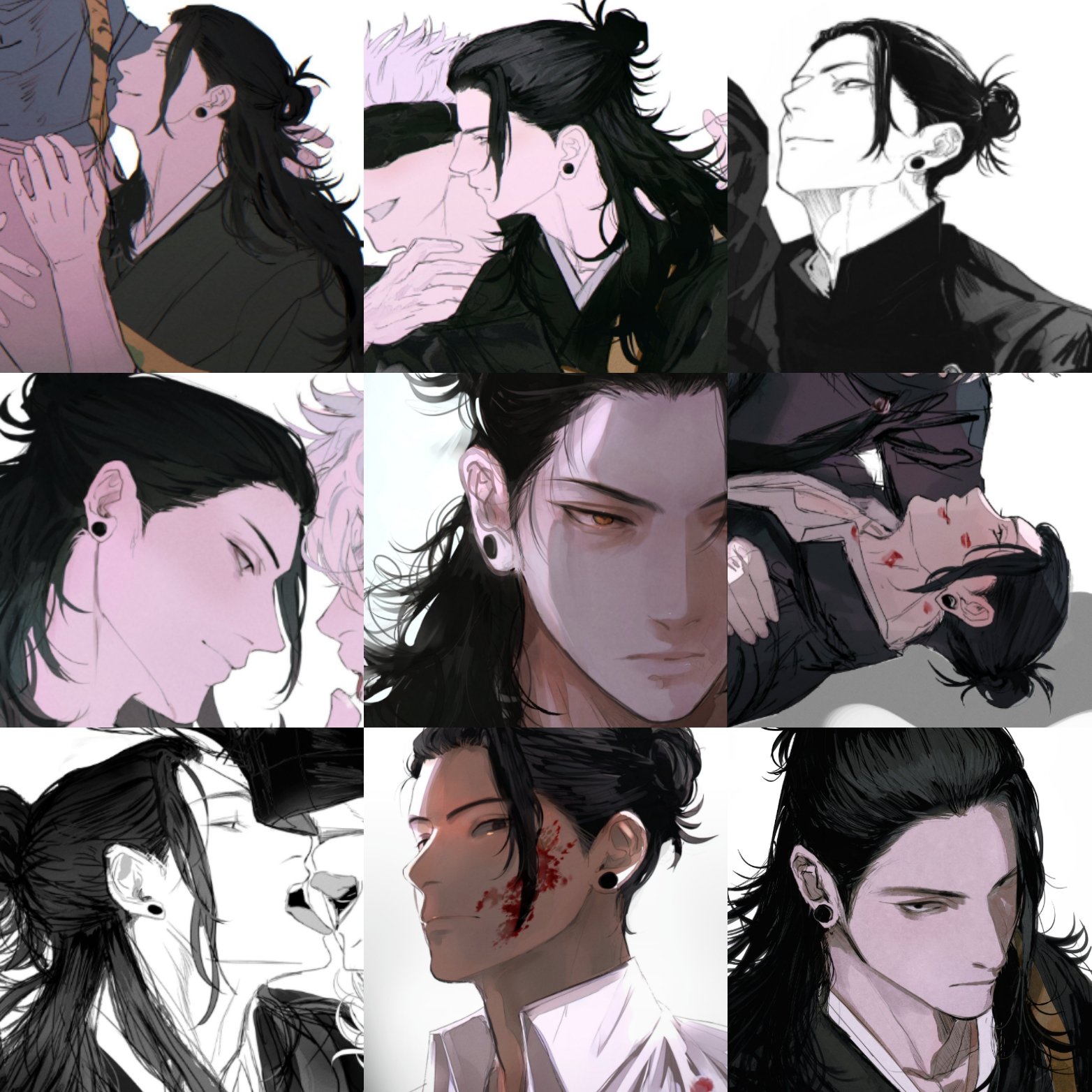 the image features a collage of nine square images. each square depicts a closeup portrait of a male anime character with black hair. all characters have a piercing in their ear. the characters wear diverse outfits, including formal wear, casual wear, and even a bloodstained shirt. their expressions range from cool and elegant to mysterious and sorrowful. the image uses a combination of black and white color schemes and a dramatic lighting style to create a visually compelling and intriguing aesthetic.