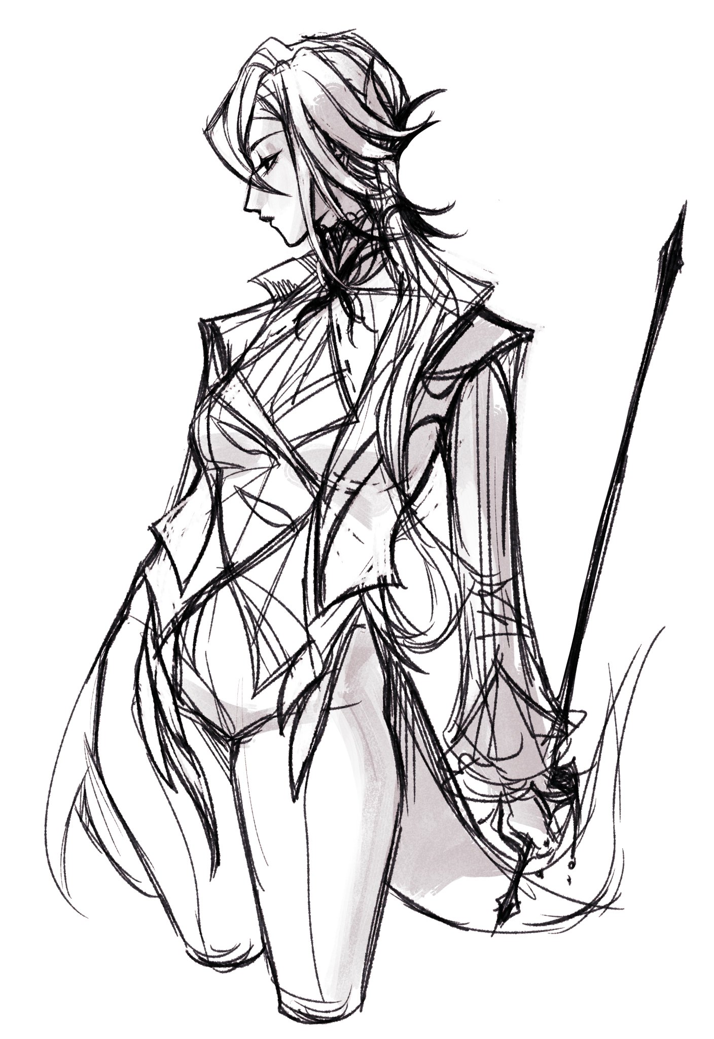 a black and white drawing of an anime girl in a fantasy setting. she is wearing a fancy outfit and holding a long sword.  the drawing is done in a sketch style.
