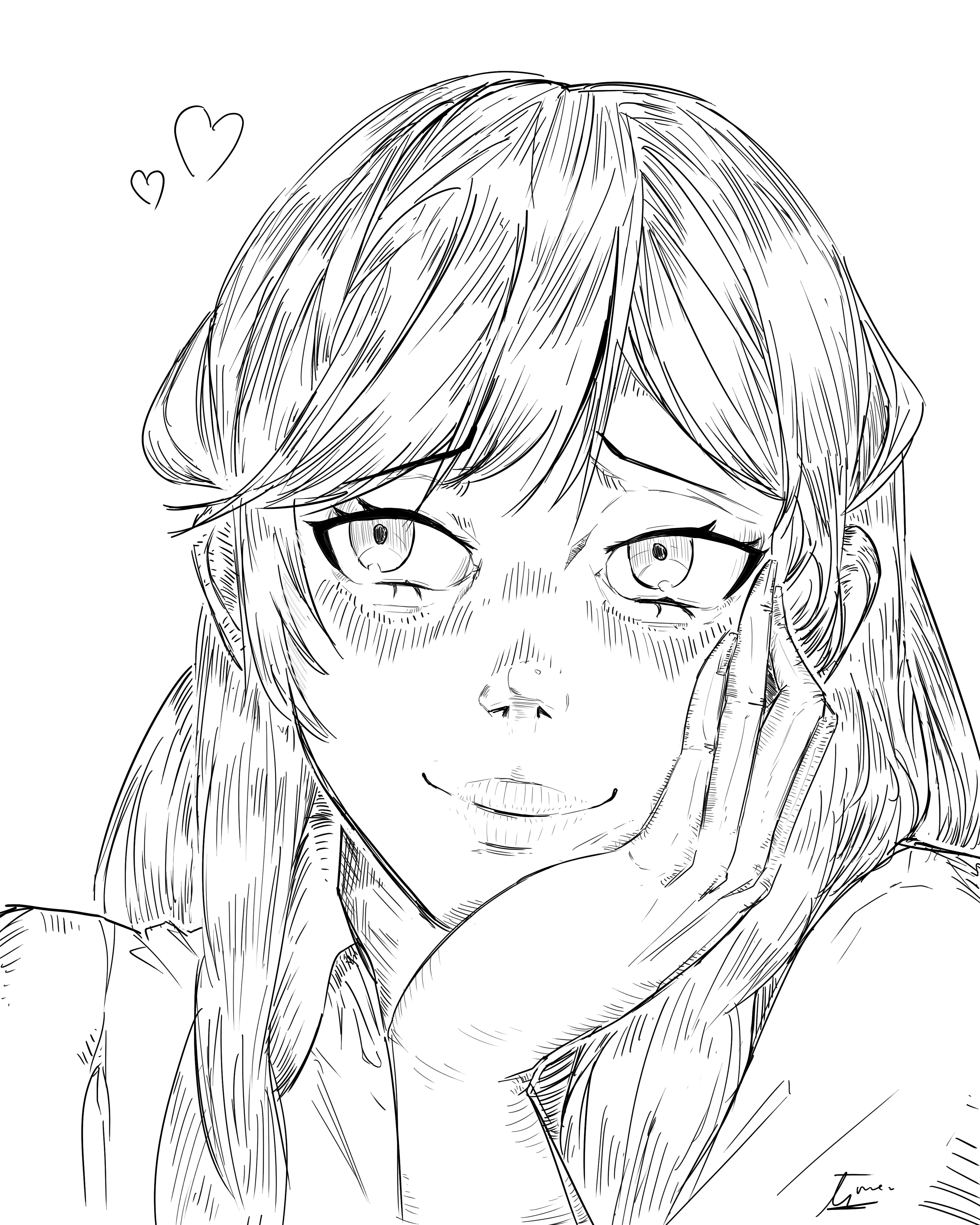 a black and white sketch of a woman's face. she is looking up and smiling, with her hand on her chin. her hair is long and covers most of her face. she is drawn in an anime style.