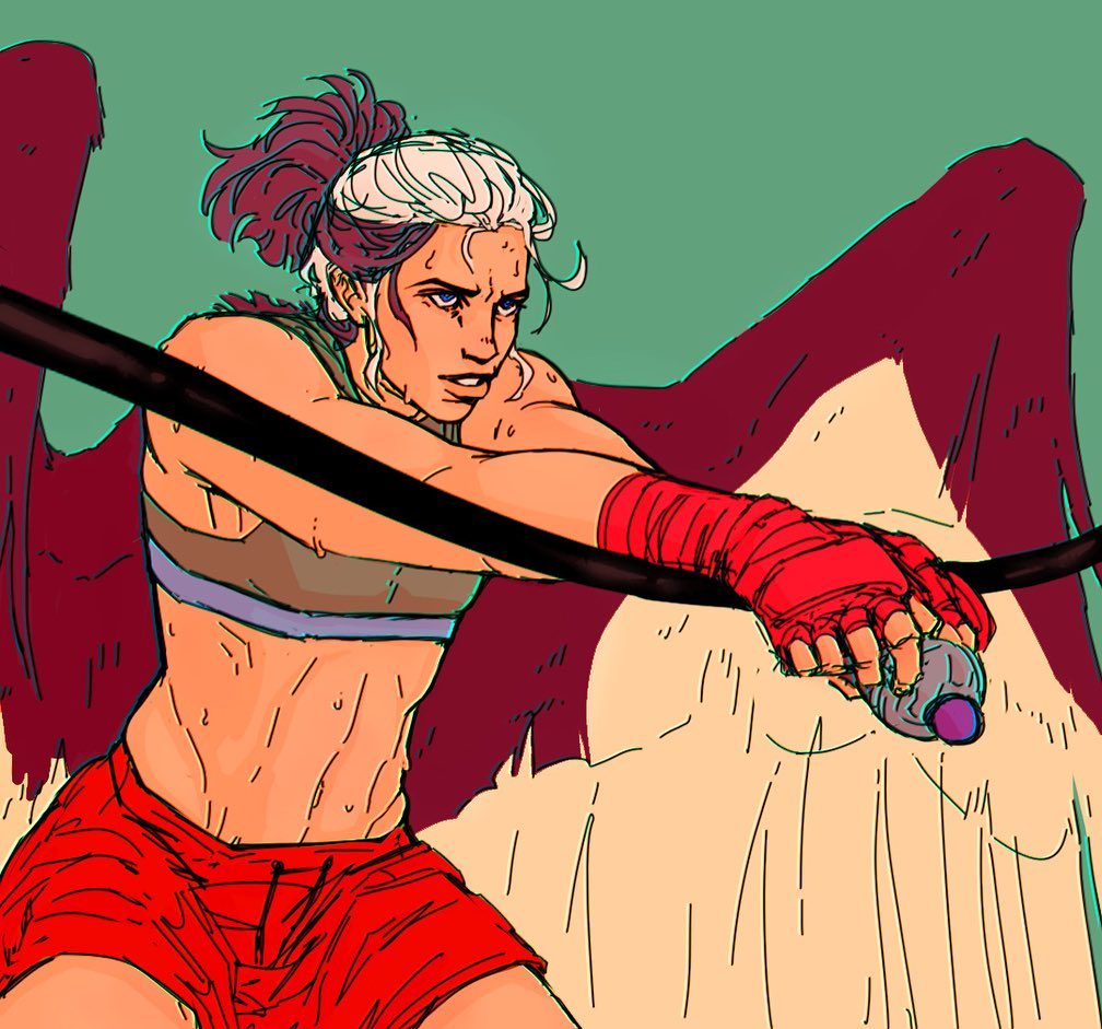 the image is a digital illustration or comic art piece depicting a powerful, muscular female athlete with large, feathered wings. she's dressed in a red sports bra and shorts, red hand wraps, and appears to be in the midst of a boxing or martial arts match, gripping what looks like a water bottle or similar object. her expression is intense and focused. the art style is dynamic, with bold lines and a slightly rough texture, giving a sense of energy and movement. her hair is a unique combination of red and white/grey, adding to her distinctive appearance. the background is a muted green, making the character and her actions the focal point.