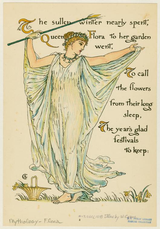 the image shows an illustration of flora, the roman goddess of flowers, in a flowing white dress with a flower crown, holding a staff. she stands in a field with flowers and a basket. the image includes a poem about flora and her role in bringing flowers to the garden after winter. the style suggests a vintage or classical art style.