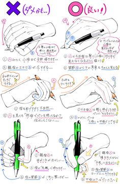 he image is a drawing tutorial, likely in japanese, on how to draw a hand holding a pen. it highlights common mistakes and provides corrections, emphasizing proper finger placement and hand positioning for a more realistic depiction.