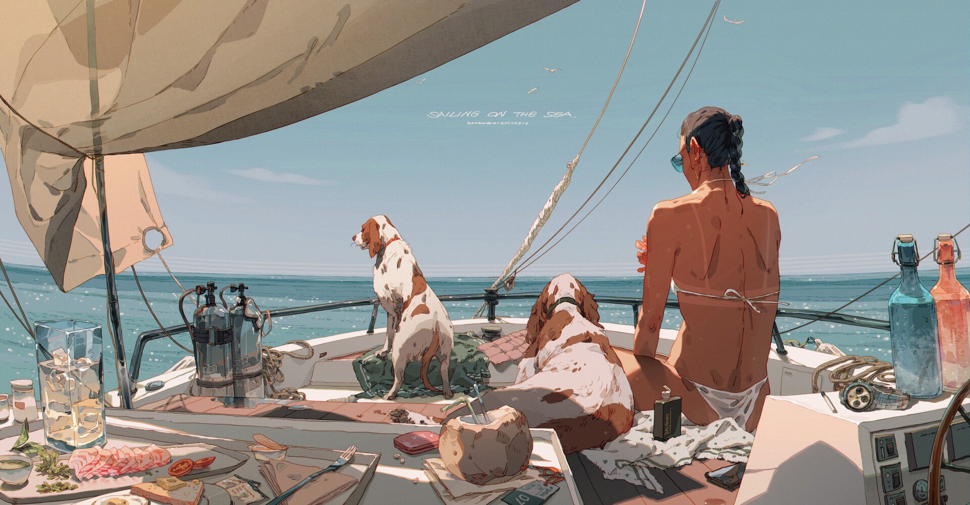 a woman in a white bikini sits on a boat with two dogs. the boat is in the middle of the ocean on a sunny day. the woman is looking out at the sea, and the dogs are looking at her.  there is a bottle of sunblock on the boat. the sky is blue and the water is clear.