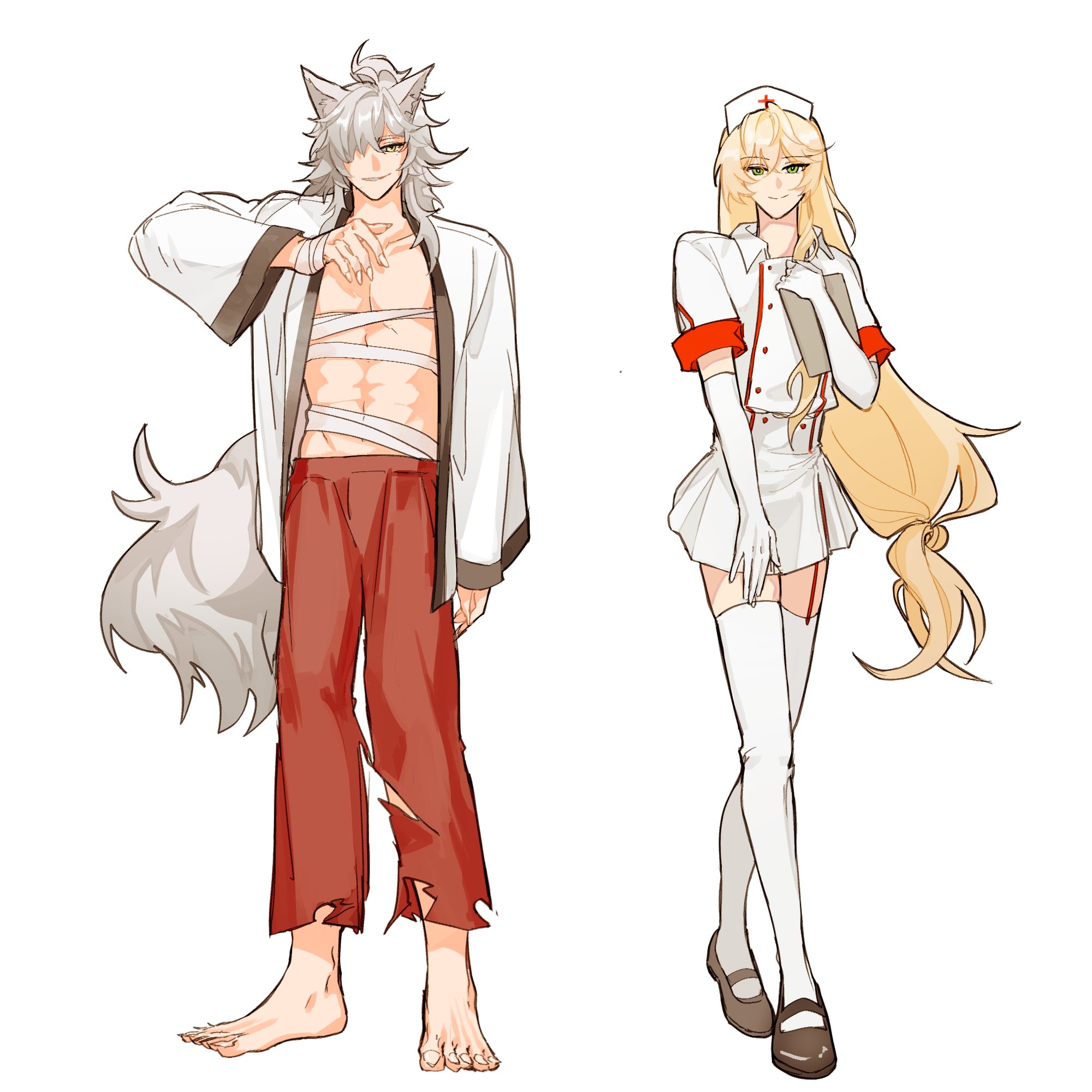 the image is a digital drawing featuring two animestyle characters. on the left is a male character with white wolflike ears and tail, long white hair, and red, ripped pants. he has bandages on his torso and is barefoot. his attire is a mix of casual and slightly disheveled.  on the right is a female character dressed as a nurse in a short white dress and long white stockings, with long blonde hair.  her outfit is crisp and professional.  the characters are depicted separately against a white background with a slightly sketchy, unfinished style. the contrast between the male character’s rough look and the female character’s neat and tidy appearance is noticeable.