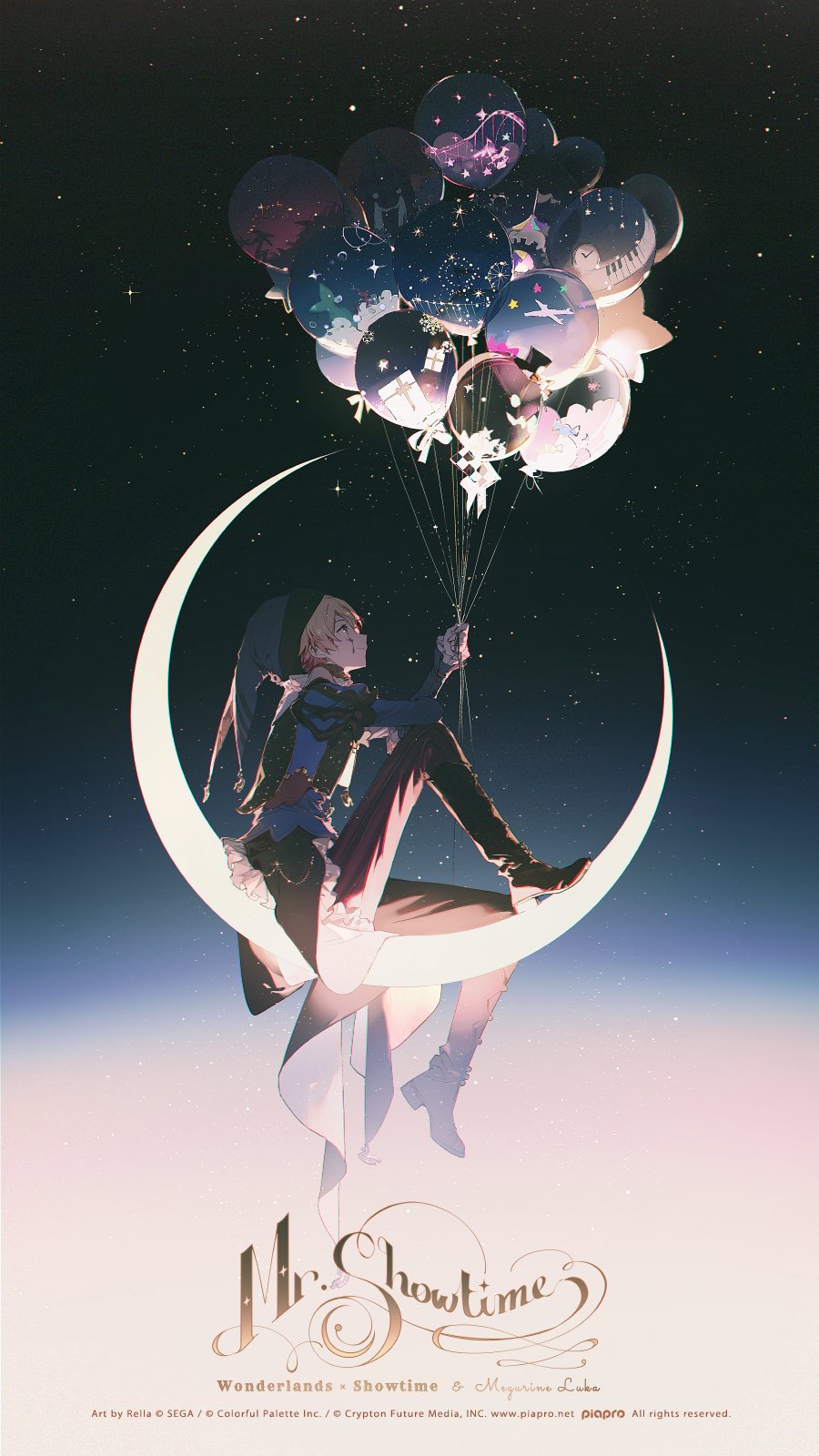 an animestyle illustration features a male character dressed as a jester, sitting on a crescent moon, surrounded by a large cluster of balloons. the background is a night sky filled with stars. the character has a whimsical appearance and is holding onto the strings of the balloons. at the bottom of the image, the text "mr. showtime" and "wonderlands showtime" can be seen.