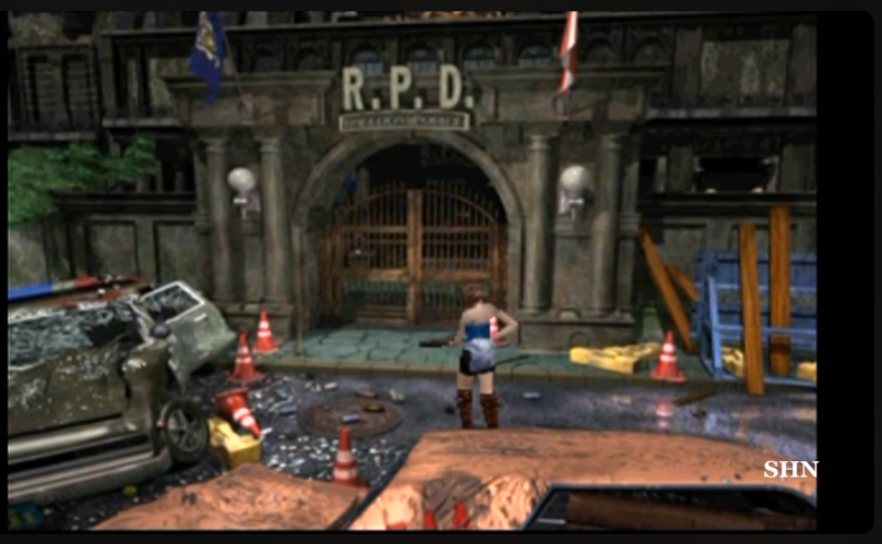 this image depicts a woman standing before a damaged gate, in front of a building labeled "r.p.d." a damaged police car lies to the left, suggesting a chaotic event has occurred. the environment appears to be an urban street, with debris scattered around. the lighting is dim, suggesting either overcast weather or the time of day being close to dusk or dawn.  the overall atmosphere evokes a sense of danger and suspense. this is likely a scene from a video game, potentially within the survival horror genre.