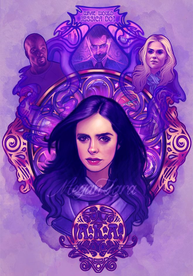 this is a fan art illustration of the tv show jessica jones. the central figure is jessica jones with her signature dark hair and expression. behind her is a stylized frame reminiscent of stained glass, with portraits of other main characters: luke cage, trish walker, and kilgrave. the image is predominantly purple and features a watercolorlike effect with a design at the bottom with the letters a.k.a. along with the phrase "what would jessica do?" at the top.
