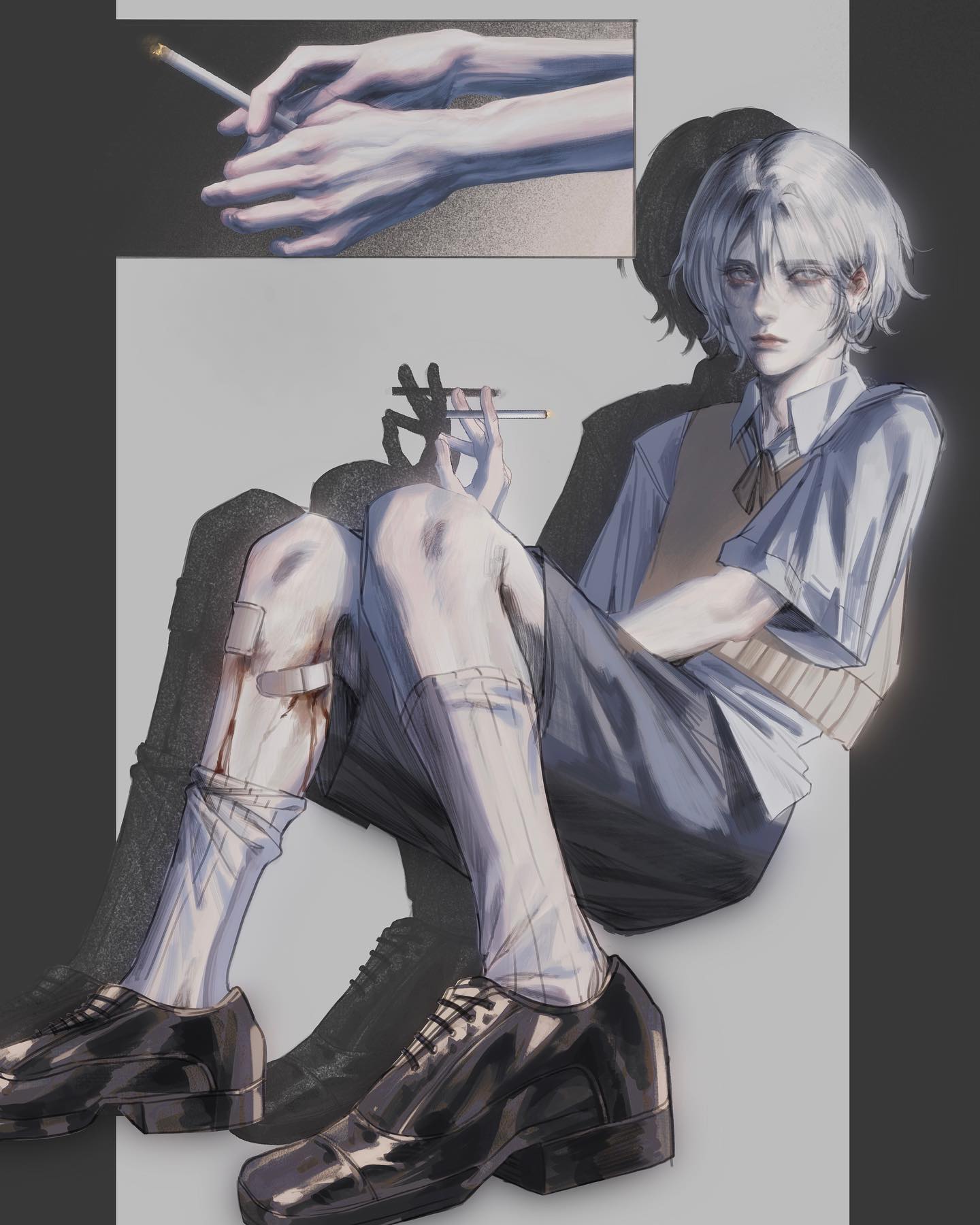 the image depicts a young, animestyled boy with short white hair sitting on the floor in a grayscale composition. he wears a white collared shirt, a beige vest, and dark blue shorts that resemble a school uniform. his most striking features are the lit cigarette he holds delicately between his fingers and the bandages wrapped around his leg.  the bandages, paired with his somber expression and the dramatic lighting, hint at a deeper story. the image utilizes a limited color palette, relying heavily on shades of gray to create a somber and introspective mood.