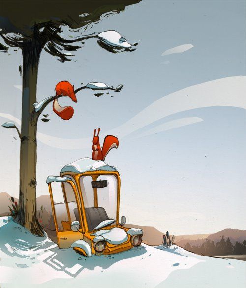 a cartoon illustration depicting a winter scene with two squirrels. one squirrel is perched atop a small yellow vehicle covered in snow, while another squirrel is hanging upside down from a snowy branch of a large tree. the background shows a snowy landscape with distant mountains under a light blue sky.