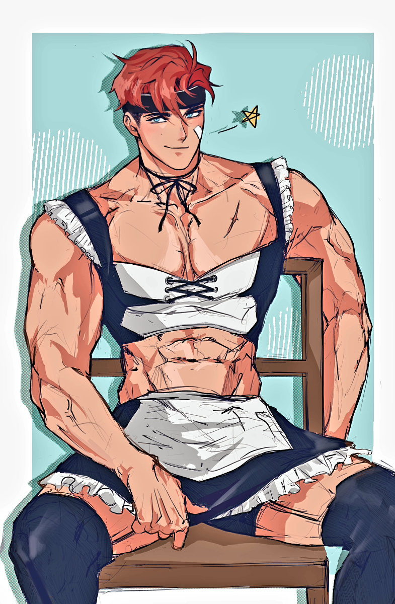 the image is a digital fan art illustration depicting a muscular, redhaired animestyle man dressed in a maid outfit.  he is sitting on a wooden chair, showcasing his welldefined physique. the maid outfit consists of a short, laced bodice and a short skirt with frills, paired with thighhigh stockings. the overall style blends masculine features with feminine attire, creating a visually striking contrast. the background is a simple light teal color with some stylized graphic elements.  the man's expression is pleasant and somewhat playful. the art style is dynamic, with visible brush strokes and shading.  a small star floats in the background, adding a lighthearted touch.