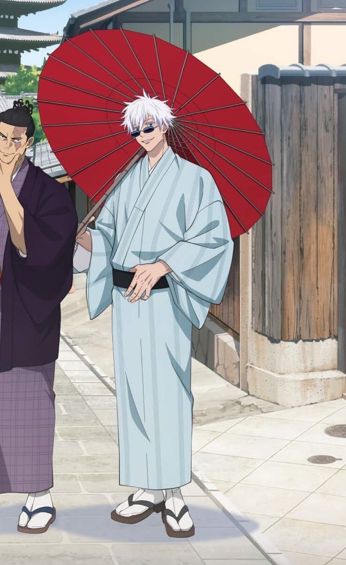 the image features an anime character in a white kimono with striped patterns and sunglasses, holding a red umbrella. he is walking down a street in an urban setting with buildings and traditional japanese architecture in the background. there is another character in the background, out of focus, dressed in a black and purple kimono.