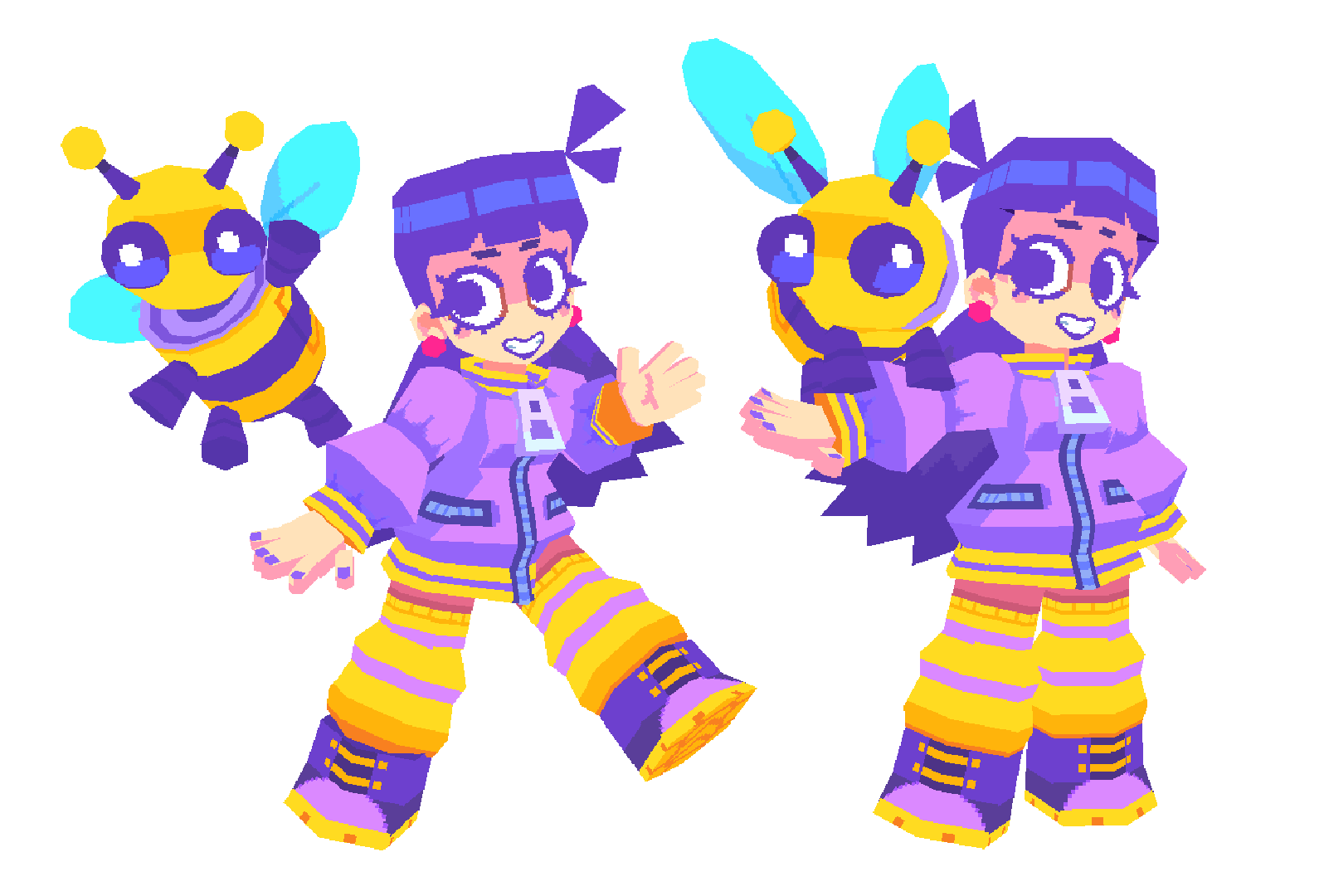 two views of a 3d character model. the model is of a young girl with black hair and purple and yellow clothing. she is wearing a purple jacket and yellow pants with a bee design. she has a matching bee companion that is shown in two poses: flying next to her and perched on her head like a hat. the model has a playful and energetic style with a bright color palette.
