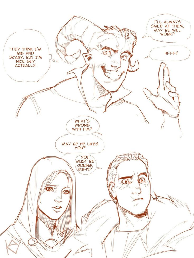 the comic illustration features four characters in a panel, a demon with horns and fangs smiling, two human characters in the front. one human character is surprised and another is confused, the demon has a speech bubble with the text "i'll always smile at them, may be will work?" and "hiiii". another speech bubble has "what's wrong with him?" another speech bubble has "may be he likes you?" and the last speech bubble has "you must be joking, right?" the character in the back has a speech bubble with "they think i'm big and scary, but i'm nice guy actually." the illustration is drawn with a brown and white colored pencil.