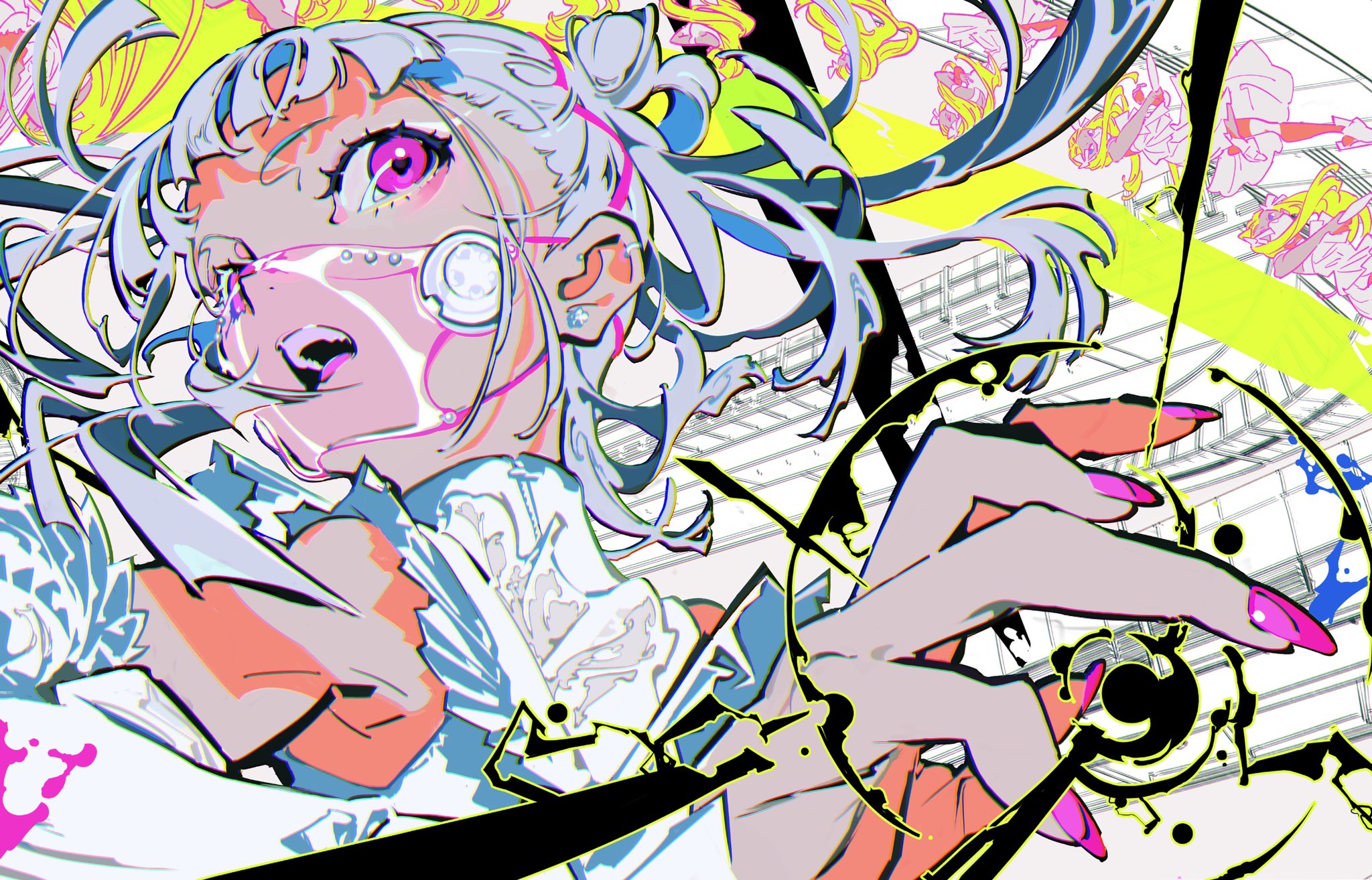 the image features a dynamic and stylized illustration of a young woman, likely an anime character, intensely engaged in a musical performance. she's drawn with exaggerated features, sharp lines, and a vibrant color palette that evokes a sense of energy and movement. her white hair flows wildly, and her bright pink eyes are fixed on something offscreen. her mouth is open as if she's singing or shouting, and she wears a decorative white mask over her lower face. her attire is a mix of white and blue, with frilly accents suggesting a performance costume.  her hand, with strikingly long, pink nails, reaches toward the viewer, while the background is an explosion of musical notes, abstract shapes, and splattered paintlike effects in neon green, pink, yellow, and black. the overall style blends elements of pop art, street art, and manga, resulting in a visually striking and energetic portrayal of music and performance.